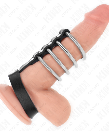 KINK - 4 METAL PENIS RINGS 3.8 CM CONNECTED WITH LEATHER STRAP 22 X 1.5 CM AND PRESSURE CLOSURE