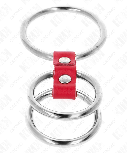KINK - TRIPLE METAL PENIS RING 3.7 CM TO 5 CM CONNECTED WITH RED LEATHER