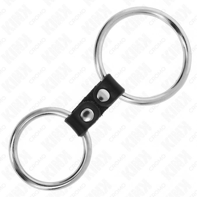Kink – Dubbele metalen peniskring 3,7 cm tot 5 cm verbonden door leren band model 2