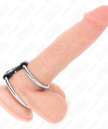 KINK - DOUBLE METAL PENIS RING 3.7 CM TO 5 CM CONNECTED BY LEATHER STRAP MODEL 2