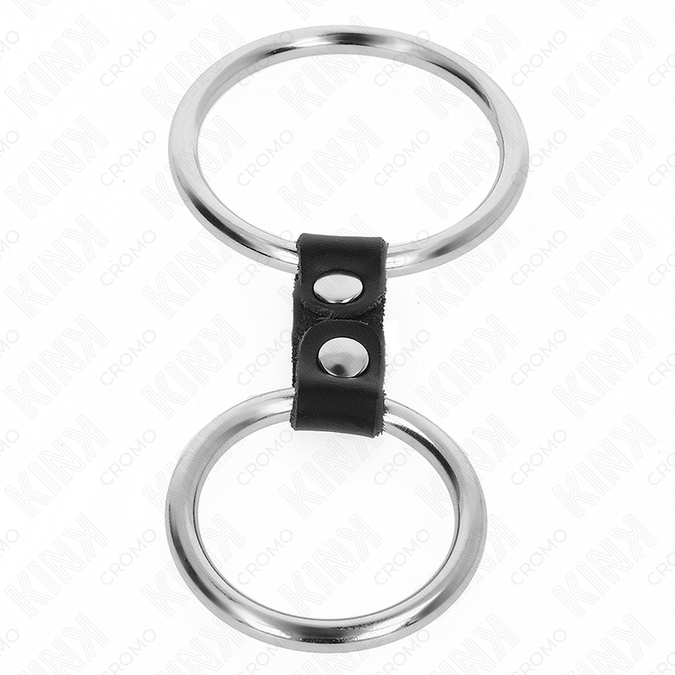 Kink – Dubbele metalen peniskring 3,7 cm tot 5 cm verbonden door leren band model 2