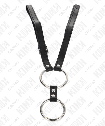 KINK - DOUBLE METAL PENIS RING 3.8 CM TO 5 CM WITH LEATHER BELT 112 CM