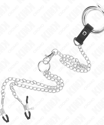 KINK - TRIPLE CHROME METAL PENIS RING 3.8 CM TO 5 CM WITH 26 CM METAL CHAIN AND NIPPLE CLAMPS MODEL 1