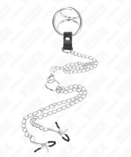 KINK - TRIPLE CHROME METAL PENIS RING 3 CM TO 4.5 CM WITH 26 CM METAL CHAIN AND NIPPLE CLIPS
