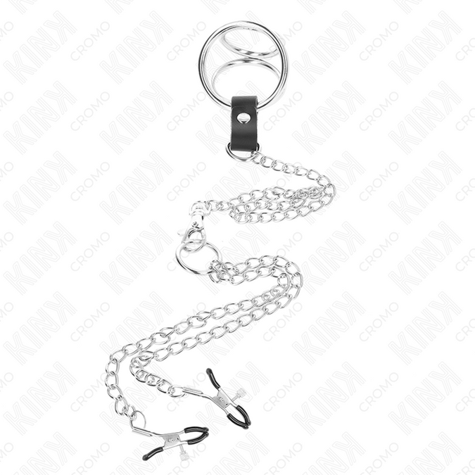 KINK - DRIEVOUDIGE CHROOM METALEN PENISRING 3 CM TOT 4,5 CM MET EEN METALEN KETTING VAN 26 CM EN NIPPELKLEMMEPJES