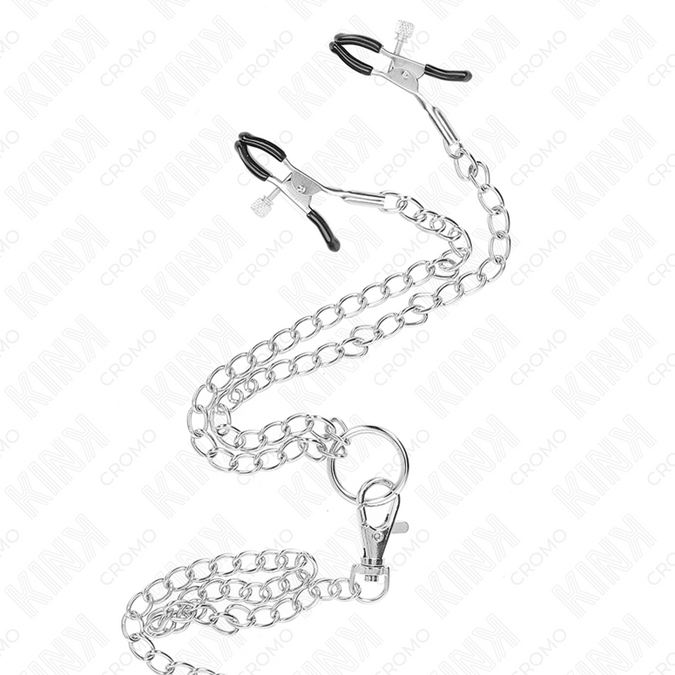 KINK - DRIEVOUDIGE CHROOM METALEN PENISRING 3 CM TOT 4,5 CM MET EEN METALEN KETTING VAN 26 CM EN NIPPELKLEMMEPJES