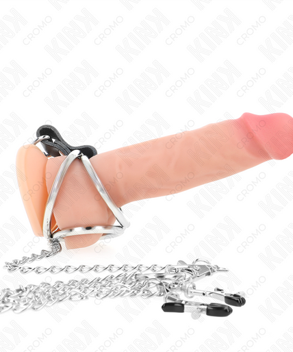 KINK - TRIPLE CHROME METAL PENIS RING 3 CM TO 4.5 CM WITH 26 CM METAL CHAIN AND NIPPLE CLIPS