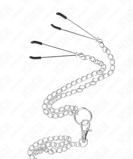 KINK - TRIPLE CHROME METAL PENIS RING 3.8 CM TO 5 CM WITH 26 CM METAL CHAIN AND NIPPLE CLAMPS MODEL 2