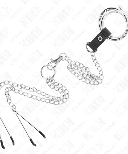 KINK - TRIPLE CHROME METAL PENIS RING 3.8 CM TO 5 CM WITH 26 CM METAL CHAIN AND NIPPLE CLAMPS MODEL 2