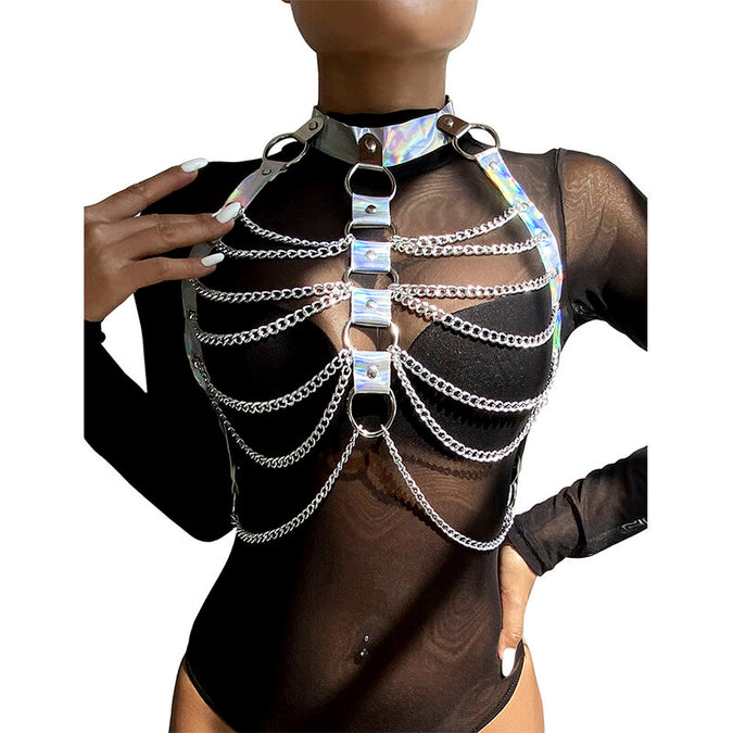 Subblime – 953737 Chest Harness With Rings And Chains Silver One Size