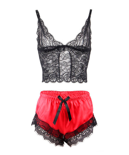 SUBBLIME - 953966 CASUAL SILK NIGHTGOWN + LACE PANTS BLACK/RED L/XL