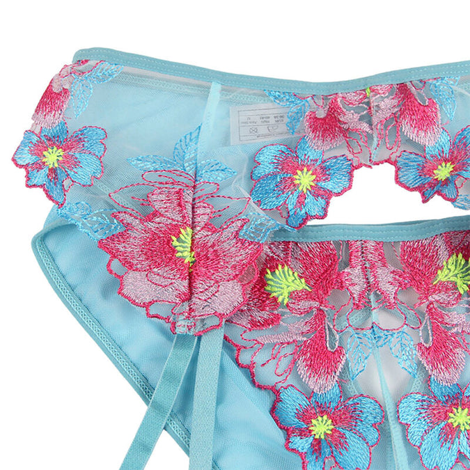 Subblime – 954109 Beha + Slip met Jarretelriem Bloemmotief Blauw S/m