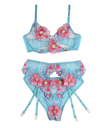 SUBBLIME - 954109 BRA + PANTIES WITH GARTER BELT FLORAL DESIGN BLUE S/M