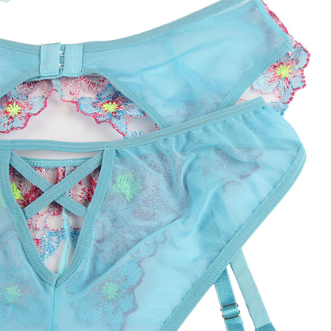 Subblime – 954109 Beha + Slip met Jarretelriem Bloemmotief Blauw S/m