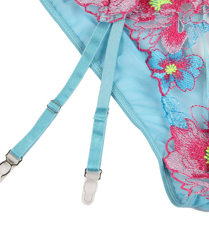 SUBBLIME - 954116 BRA + PANTIES WITH GARTER BELT FLORAL DESIGN BLUE L/XL
