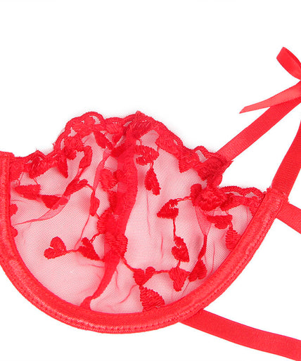 SUBBLIME - 954321 HEART PRINT BRA + THONG + GARTER BELT RED S/M
