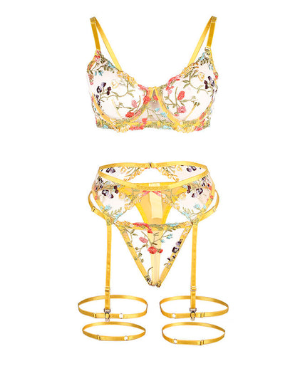 SUBBLIME - 954345 BRA + THONG + GARTER BELT FLORAL DESIGN YELLOW S/M