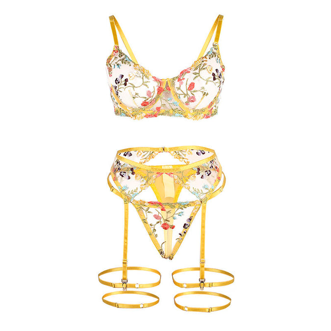 Subblime – 954352 Bra + Thong + Garter Belt Floral Design Yellow L/xl
