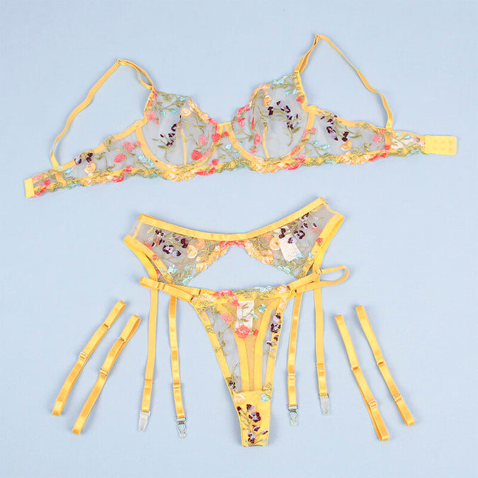 Subblime – 954352 Bra + Thong + Garter Belt Floral Design Yellow L/xl