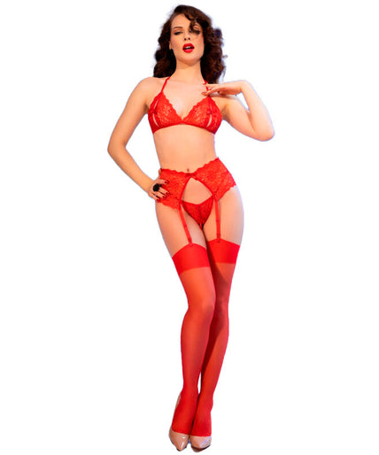 CHILIROSE - CR 4848 RED LACE BRA + THONG + STOCKINGS SET XL