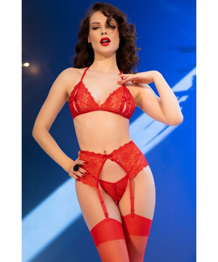 CHILIROSE - CR 4848 RED LACE BRA + THONG + STOCKINGS SET XL