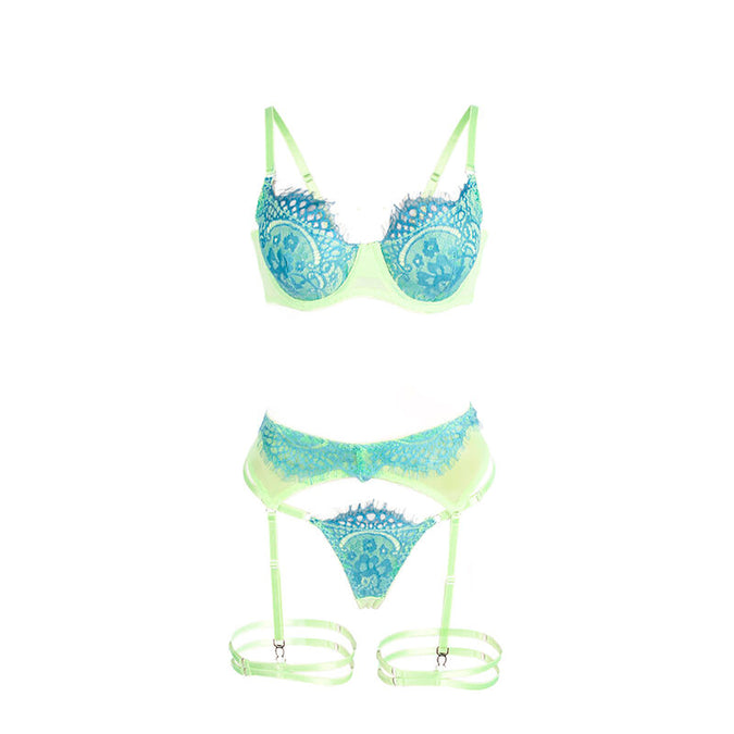 SUBBLIME - 955311 BH-SET MET KANT EN JARRETELBANDJES GROEN EN BLAUW S/M