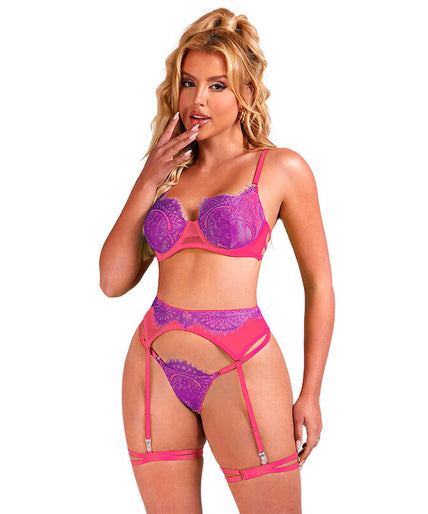 SUBBLIME - 955359 SET BH MET KANT EN JARRETELBANDJES ROZE EN PAARS S/M