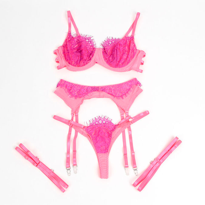 SUBBLIME - 955359 SET OF BRA WITH LACE AND GARTER LINKS PINK AND PURPLE S/M