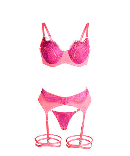 SUBBLIME - 955359 SET BH MET KANT EN JARRETELBANDJES ROZE EN PAARS S/M