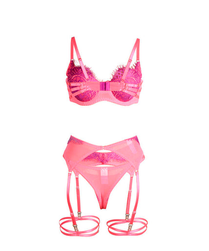 SUBBLIME - 955359 SET BH MET KANT EN JARRETELBANDJES ROZE EN PAARS S/M