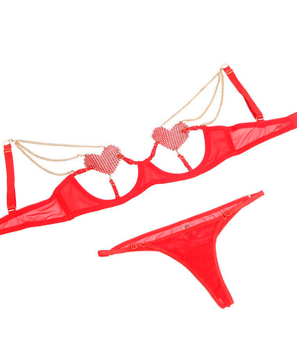 SUBBLIME - 955519 BRA SET WITH CHAINS AND MESH HEART RED S/M