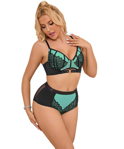 SUBBLIME - 955564 GREEN PATENT LEATHER MESH ZIPPER BRA SET L/XL