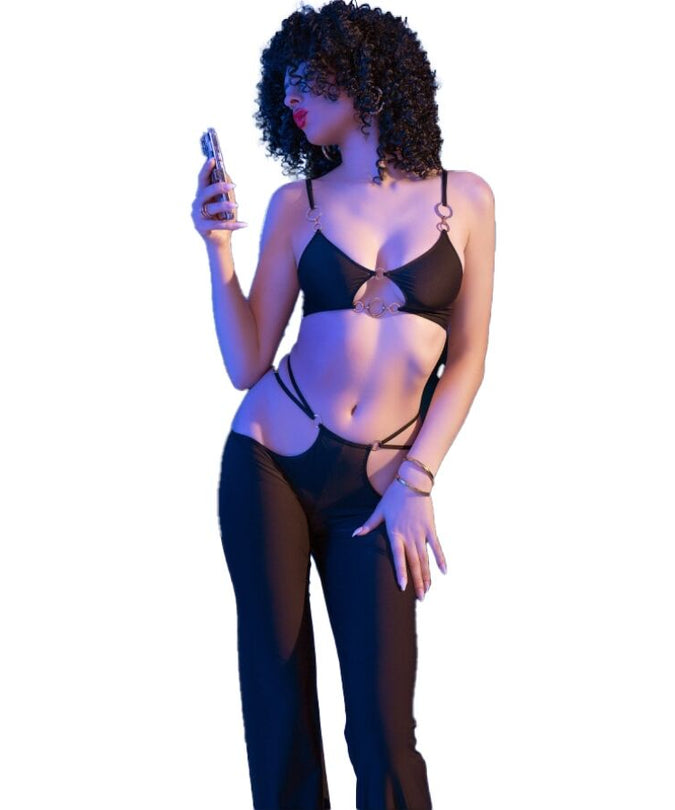 CHILIROSE - CR 4851 BLACK TOP AND LEGGINGS SET WITH GOLDEN ACCESSORIES M