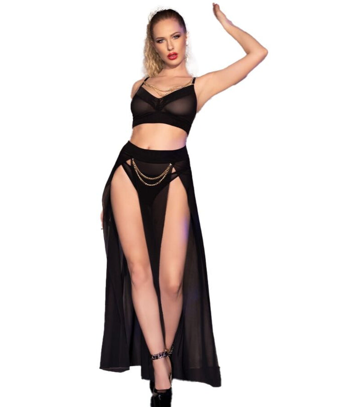 CHILIROSE - CR 4672 ZWARTE TOP, ROK EN STRING MET GOUDEN KETTINGEN M
