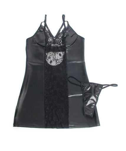 SUBBLIME - 957520 LEATHER DRESS WITH FLORAL LACE BLACK S/M