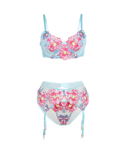 SUBBLIME - 957643 FLOWER EMBROIDERED BRA AND GARTER BELT SET PINK S/M
