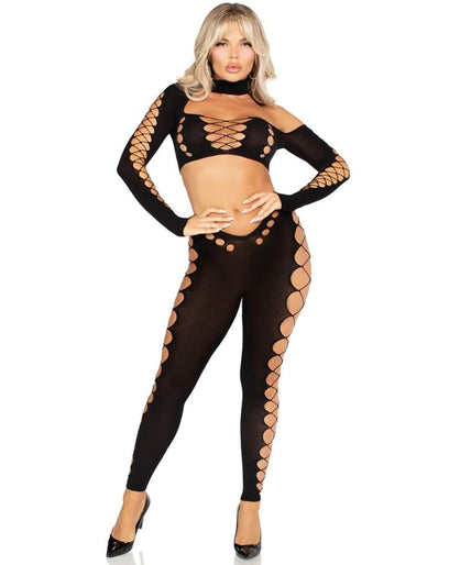LEG AVENUE - CROP TOP EN LEGGING MET UITSPARINGEN ZONDER NADEN ZWART