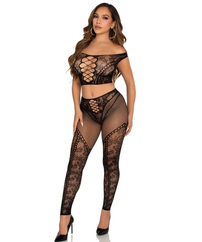 LEG AVENUE - CROP TOP EN NETPANTY MET BLOOTSCHOUDER ZWART
