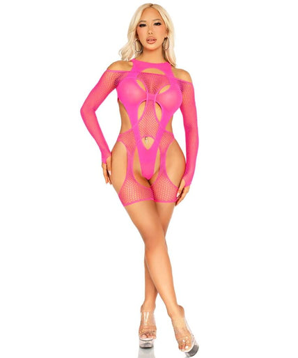 LEG AVENUE - FISCHNET BODYSOCK MET JARRETELGORDEL EN HARNAS NEONROZE