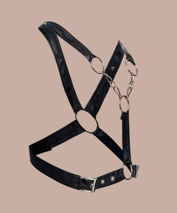 Pleasurements Mob Dngeon zwart lederen en metalen kettingharnas met verstelbare gespsluiting