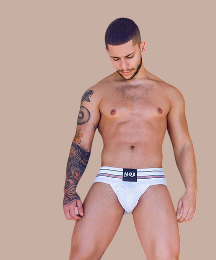 Pleasurements Mob klassieke witte herenstring met gestructureerde stof en elastische tailleband
