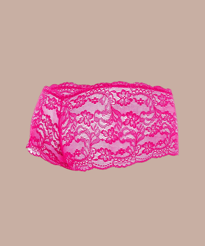 Pleasurements Mob roze kanten boxer met verfijnd bloemmotief voor een elegante en sensuele uitstraling.