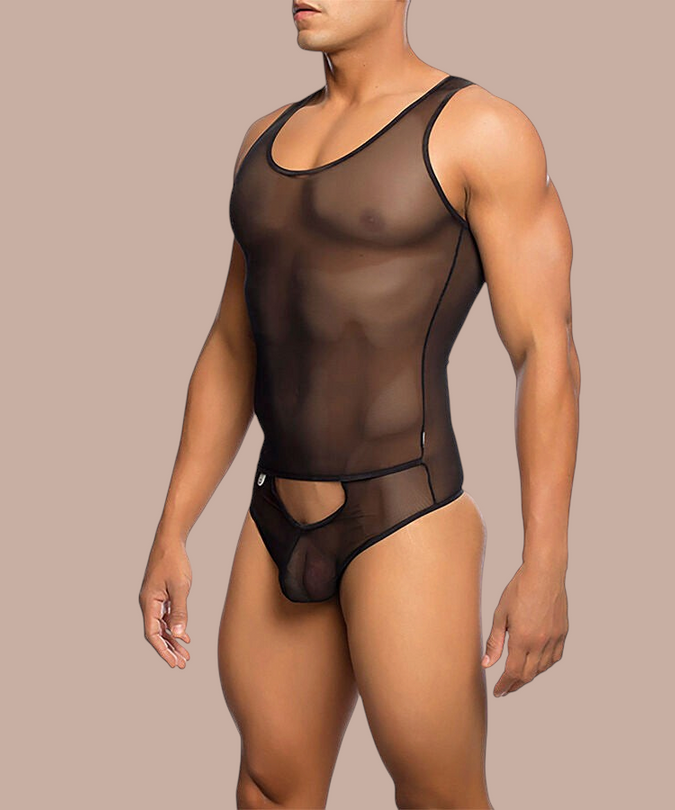 Pleasurements MOB transparante zwarte bodysuit van doorschijnende mesh stof voor heren