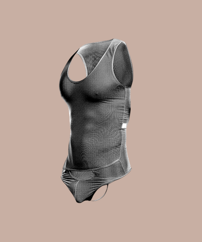 Pleasurements MOB transparante zwarte bodysuit voor heren met een nauwsluitende pasvorm en mesh-textuur.
