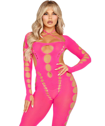 LEG AVENUE - ROZE OPEN RUG BODYSTOCKING EEN MAAT