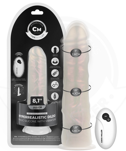 COCK MILLER - DILDO WITH SUCTION CUP, LIGHTS AND VIBRATION WITH REMOTE CONTROL WHITE 20.5 CM