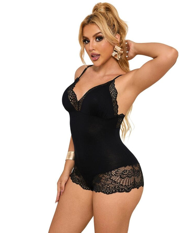 SUBBLIME - BLACK FLORAL LACE DETAIL TEDDY S/M
