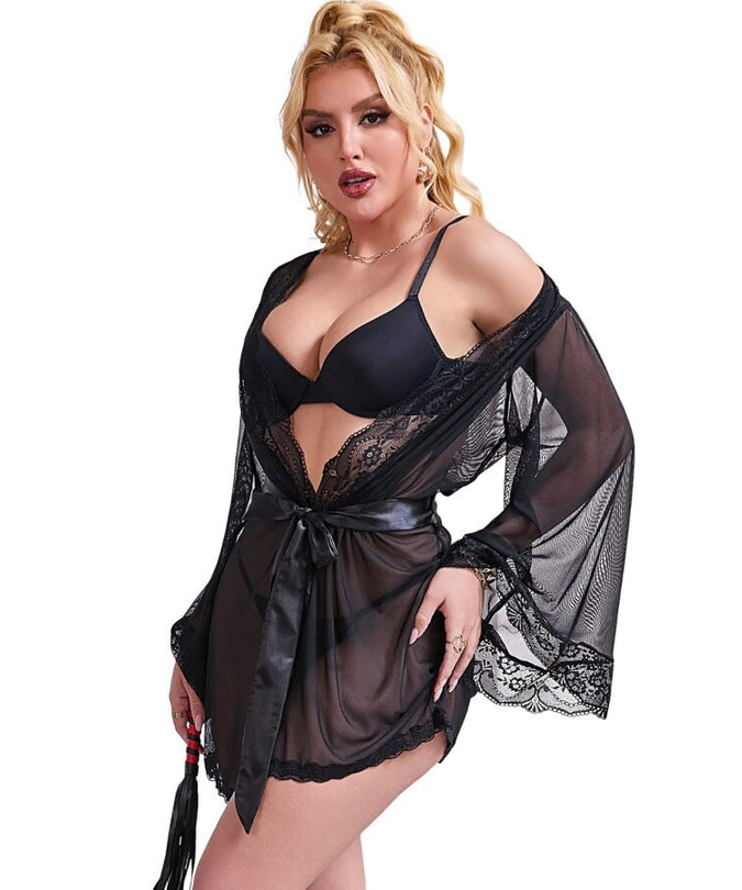 SUBBLIME - TRANSPARENT FABRIC ROBE WITH LACE DETAIL BLACK S/M