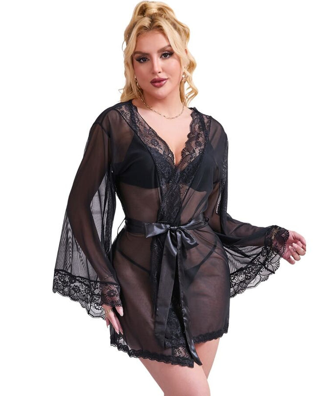 SUBBLIME - TRANSPARENT FABRIC ROBE WITH LACE DETAIL BLACK L/XL