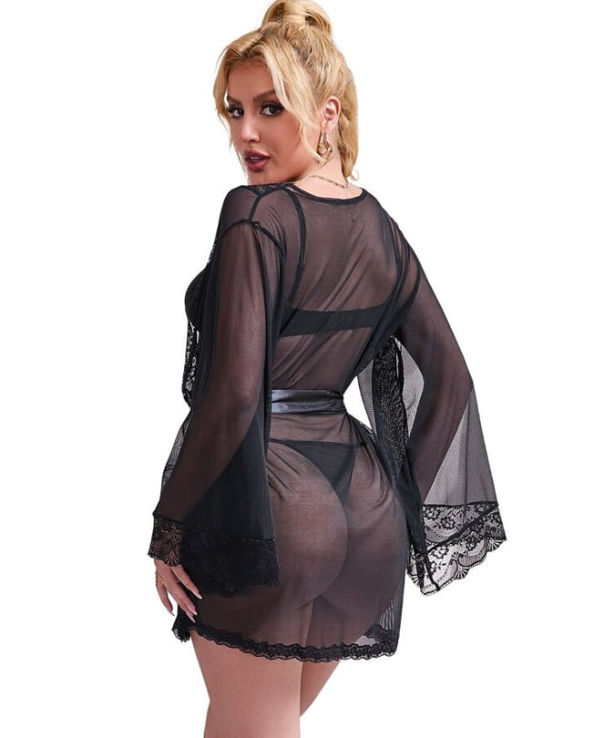 SUBBLIME - TRANSPARENT FABRIC ROBE WITH LACE DETAIL BLACK L/XL